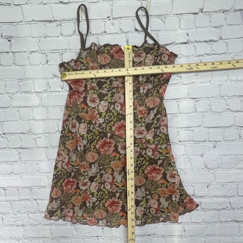 Vintage-Style Floral Mesh Mini Cami Dress - Lettuce Trim & Tiered Hem L - Picture 6 of 8